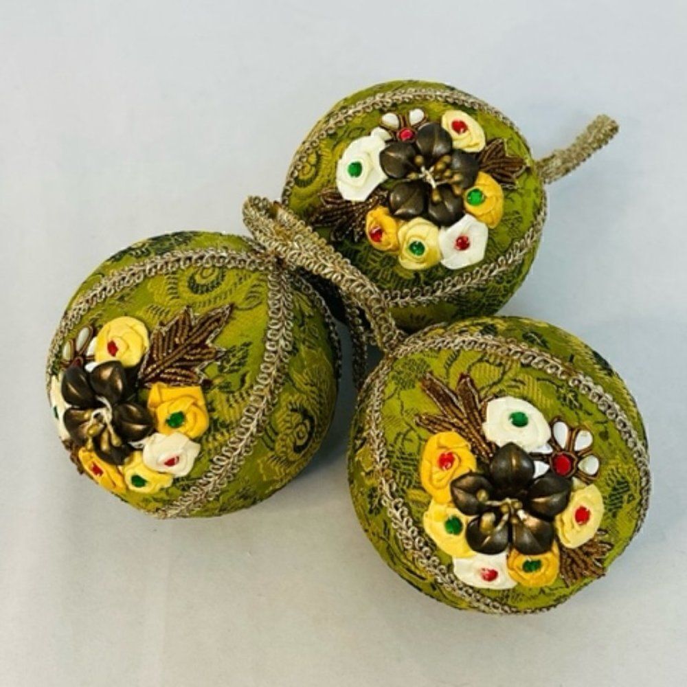 3 Vintage Tapestry Fabric Beaded Green Multi color 3.5" Ball Ornaments Excellent